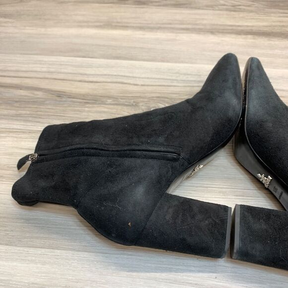 PRADA Black Italian Suede Leather High Heel Ankle Boots Square Toe EU 38.5 7.5 - Picture 5 of 13